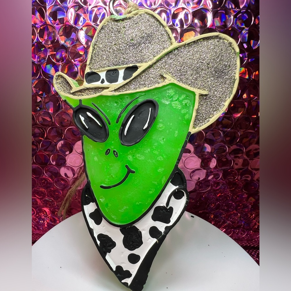 Green Alien Cowboy Car Freshie